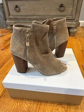 Suede Perforated Tan Peep-Toe Booties with Side Zip
